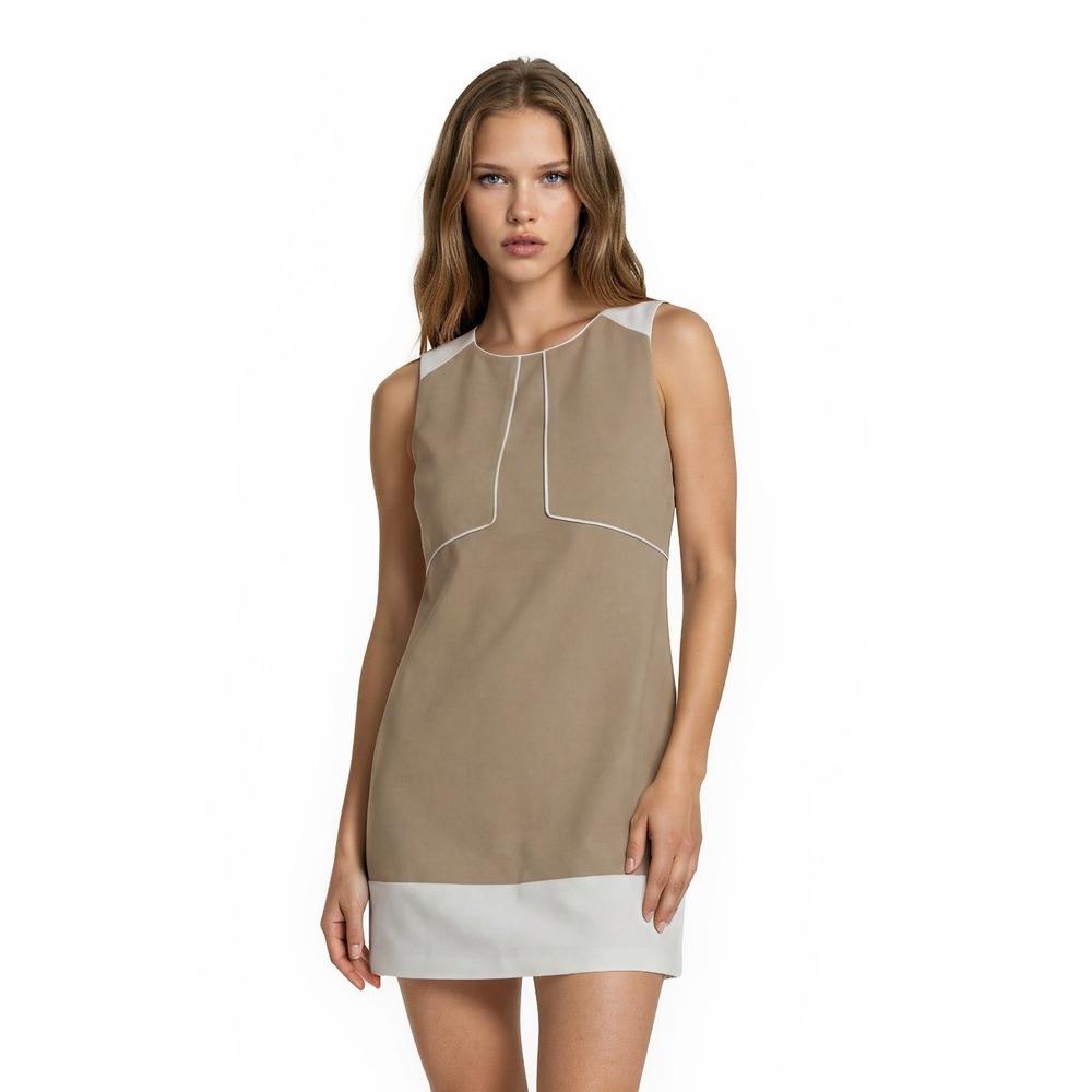 Anne Klein‎ Shift Dress Women's Size 12 Tan White Colorblock Piping Retro
